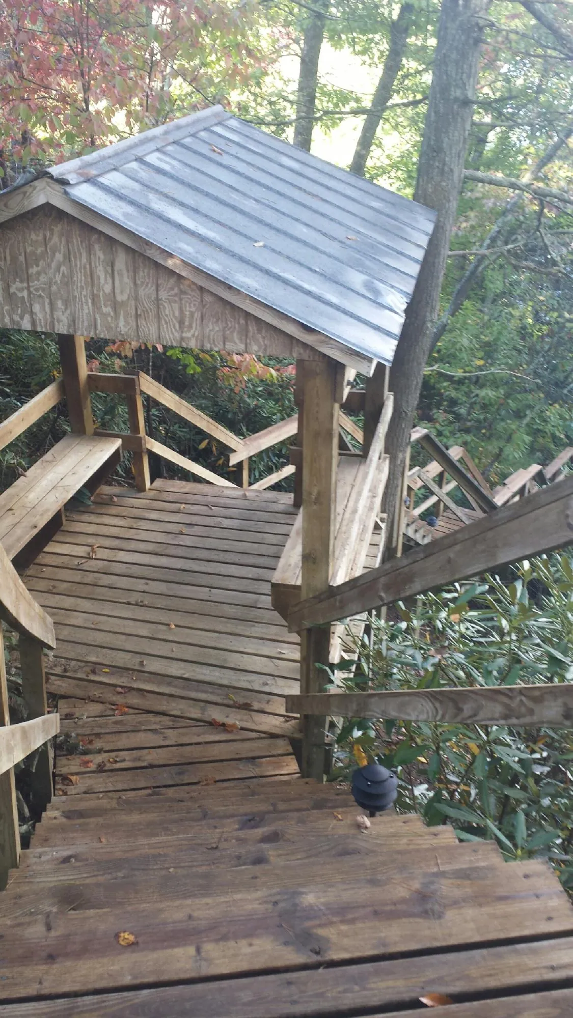 Metal roofed shelter over wooden steps on a wooded walkway — Skylight Repair & Installation work by our crew in Braintree